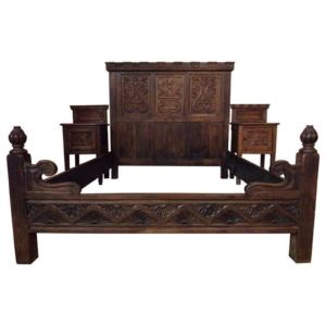 Antique Brown Carved Wood bed with Headboards