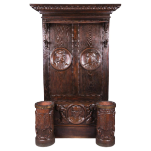 Antique Carved Oak Wardrobe Hall Stand with Umbrella Holders