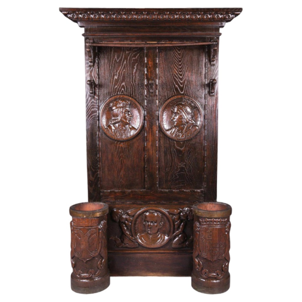 Antique Carved Oak Wardrobe Hall Stand with Umbrella Holders