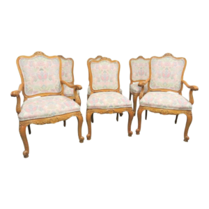 Antique Carved Wood Dining Chairs with Floral Upholstery