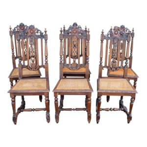 Antique Carved Wood Dining Chairs with Rattan Seats