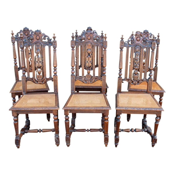 Antique Carved Wood Dining Chairs with Rattan Seats