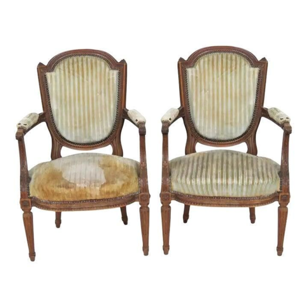 Antique Dining Chair Wood Frame Striped Upholstery