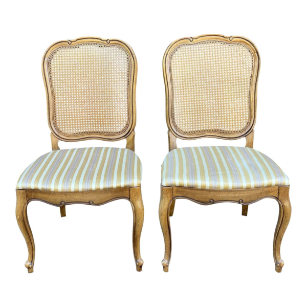 Antique French Style Dining Chair with Rattan Backrest and Striped Upholstery