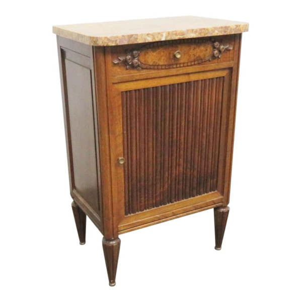 Antique Style Nightstand with Marble Top and Wood Cabinet