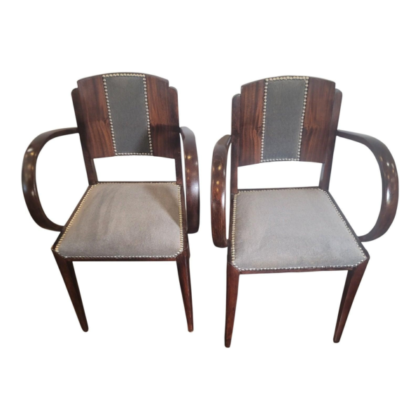 Art Deco Dining Chair with Wood Frame and Gray Fabric Upholstery