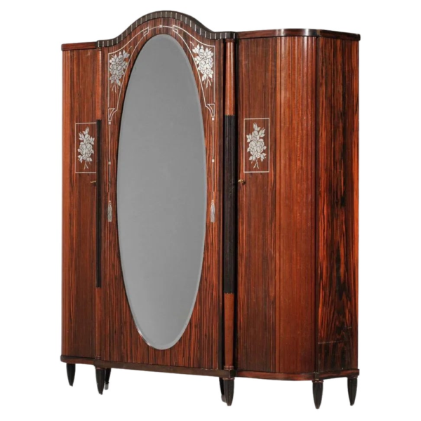 Art Deco Wardrobe with Oval Mirror and Floral Inlay