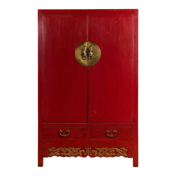 Asian Style Wardrobe with Red Finish and Brass Hardware