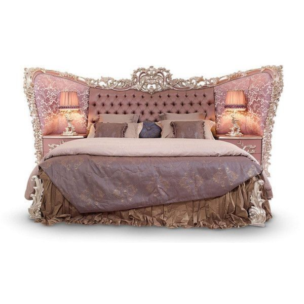 Baroque Bed with Purple Fabric and Silver Wood Frame