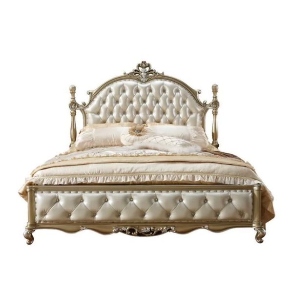 Baroque Era Upholstered Bed, Golden Wood Frame