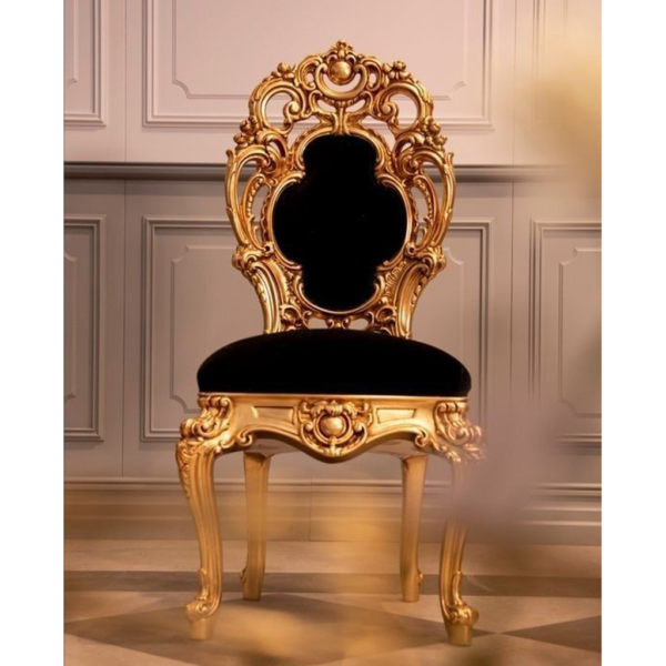 Baroque style dining chair with gold carving and black velvet seat