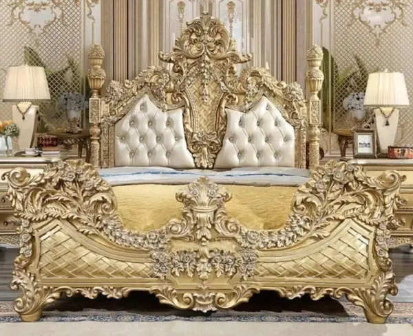 Daabadi Furniture Wholesale Classic European Antique Bed Super King-Size Gold Leaf Mahogany