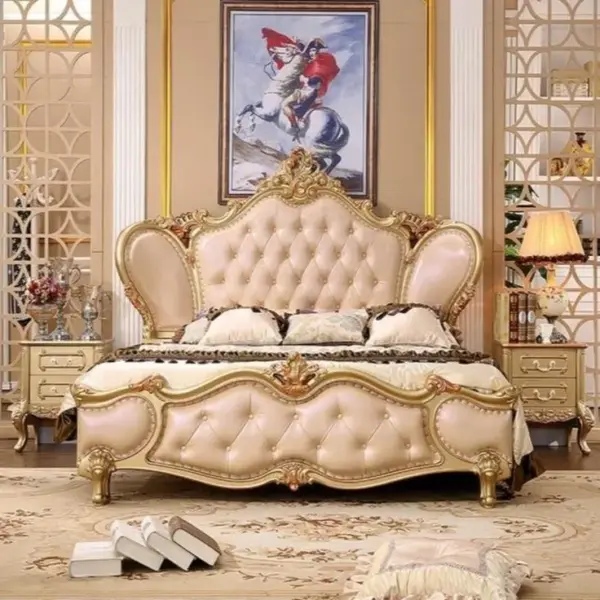 Daabadi Furniture Wholesale Classic European Antique Bed Super King-Size Gold Leaf Mahogany