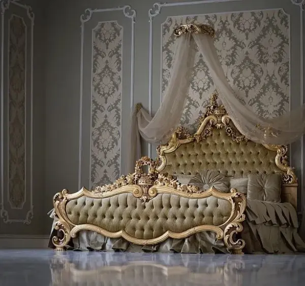 Daabadi Furniture Wholesale Classic French Bed King-Size Metalic Antique Gold Mahogany