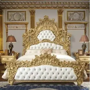 Daabadi Furniture Wholesale Classic European Antique Bed Super King-Size Golden Leaf Mahogany