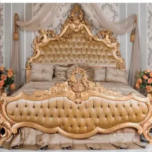 Daabadi Furniture Wholesale Classic European Antique Bed Super King-Size Gold Leaf Mahogany