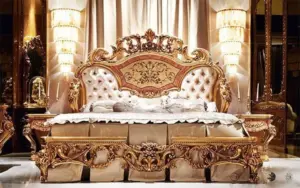 Daabadi Furniture Wholesale Classic European Antique Bed Super King-Size Gold Leaf Mahogany