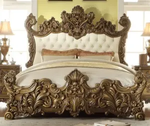 Daabadi Furniture Wholesale Classic European Antique Bed Super King-Size Golden Leaf Mahogany