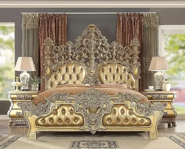 Daabadi Furniture Wholesale Classic European Antique Bed Super King-Size Golden Leaf Mahogany
