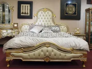 Daabadi Furniture Wholesale Classic French Painted Bed King-Size Gold Leaf Mahogany