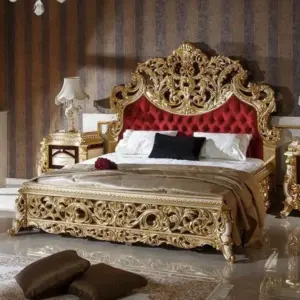 Daabadi Furniture Wholesale Classic Rococo Bed King-Size Gold Mahogany