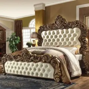 Daabadi Furniture Wholesale Classic Rococo Bed King-Size Gold Mahogany