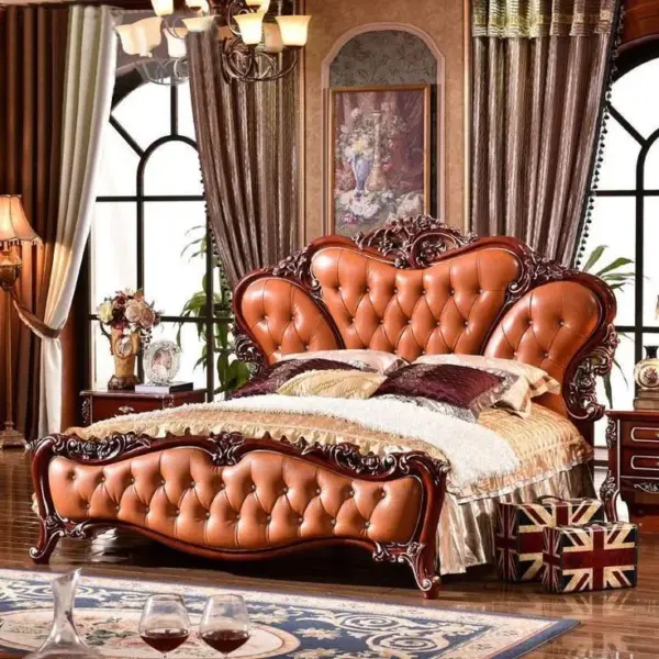 Daabadi Furniture Wholesale Classic French Racoco Bed King-Size Brown Mahogany