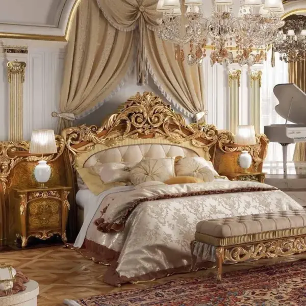 Daabadi Furniture Wholesale Classic Rococo Bed King-Size Gold Mahogany