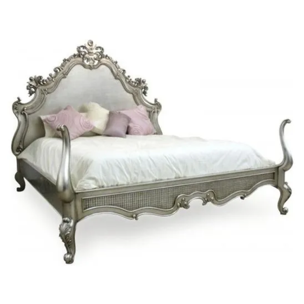 Daabadi Furniture Wholesale Classic French Reproduction Bed Super King-Size Silver Painted Mahogany