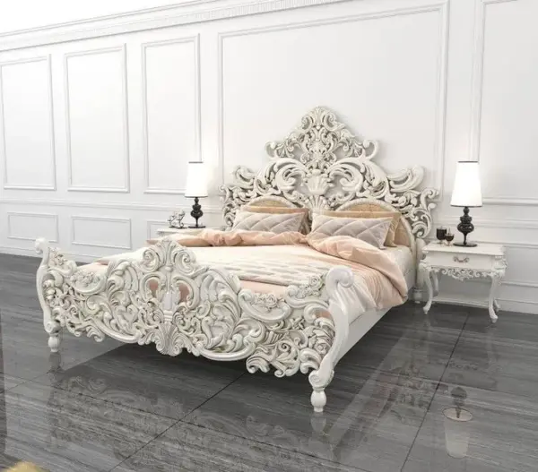 Daabadi Furniture Wholesale Classic Indian Bed Queen-Size White Duco Mahogany