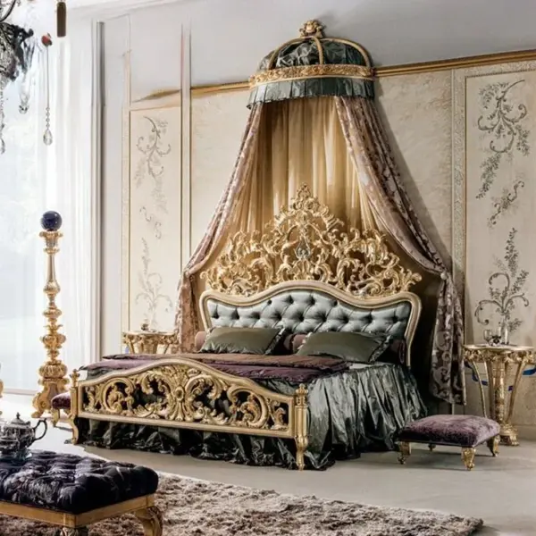 Daabadi Furniture Wholesale Classic French Bed King-Size Metalic Antique Gold Mahogany