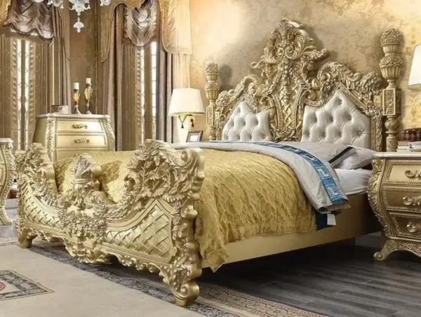 Daabadi Furniture Wholesale Classic French Bed King-Size Metalic Antique Gold Mahogany