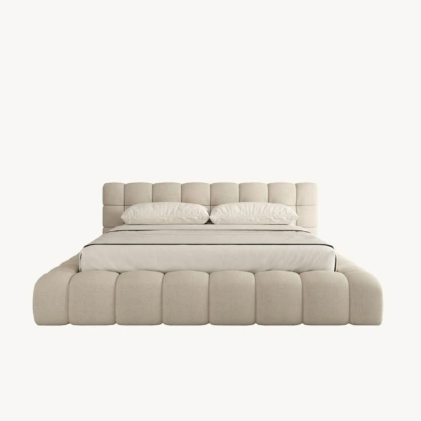 Beige Mid-Century Modern Upholstered Platform Bed with Tufted Headboard