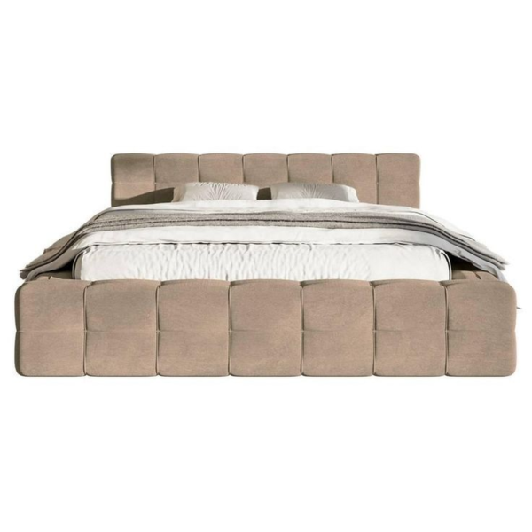 Beige Upholstered Mid-Century Modern Platform Bed