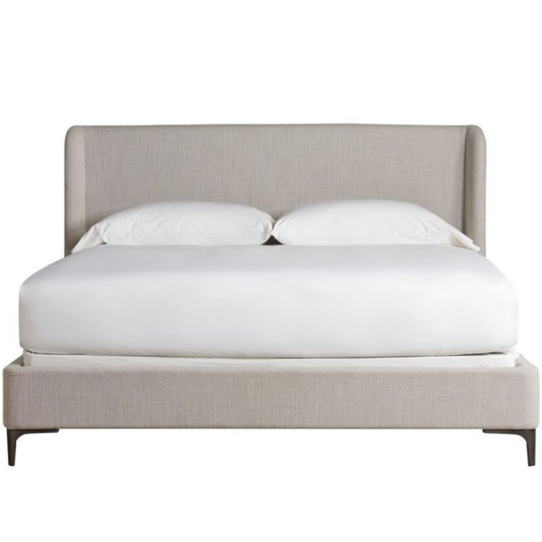 Beige linen upholstered mid-century modern platform bed