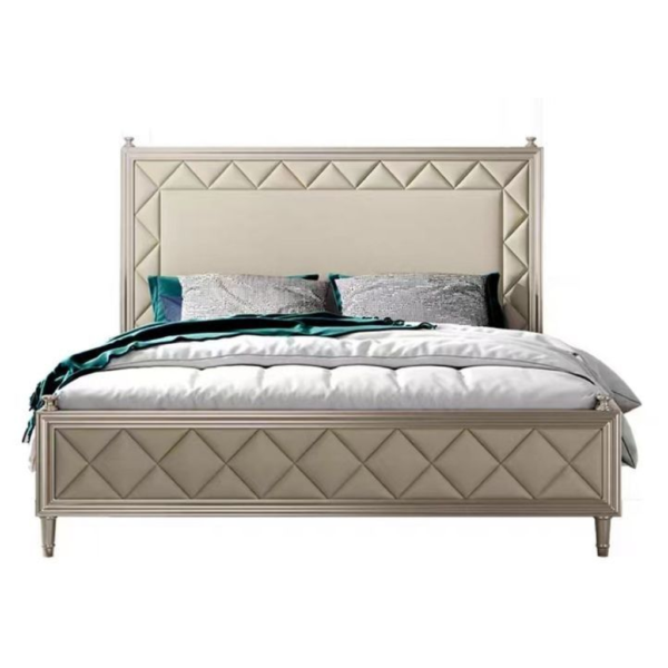 Beige upholstered bed with diamond-tufted headboard, mid-century modern design