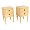 Beige wood bedside table with two drawers, mid-century design.