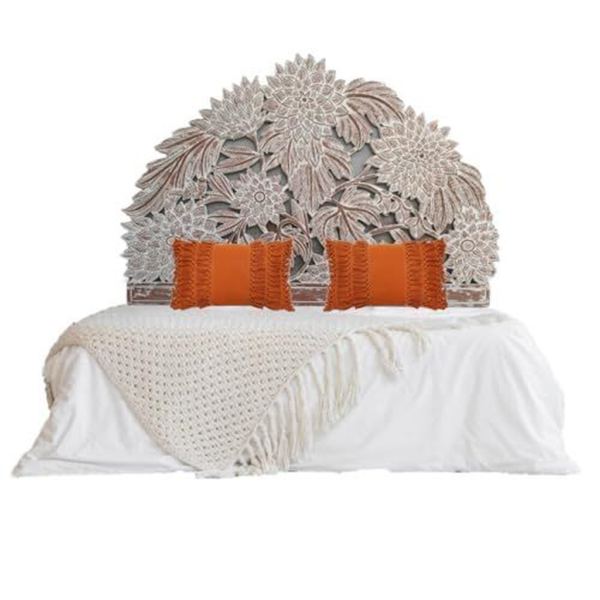 Bohemian Carved Wood Headboard Bed with Orange Pillows