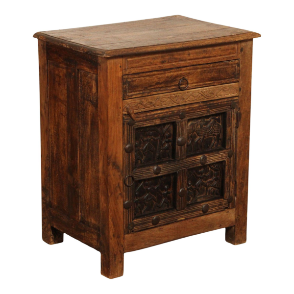 Brown Wood Mid-Century Modern Bedside Table with Carved Door