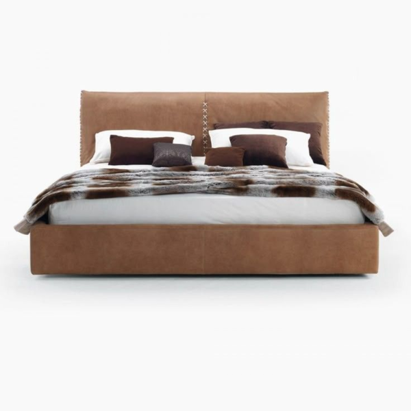 Brown leather platform bed, Mid-Century Modern style, Daabadi Furniture wholesaler