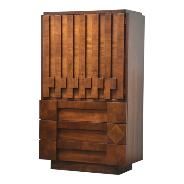 Brutalist style wood wardrobe with carved details