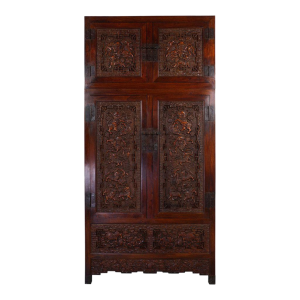 Brown wooden armoire with dragon carvings