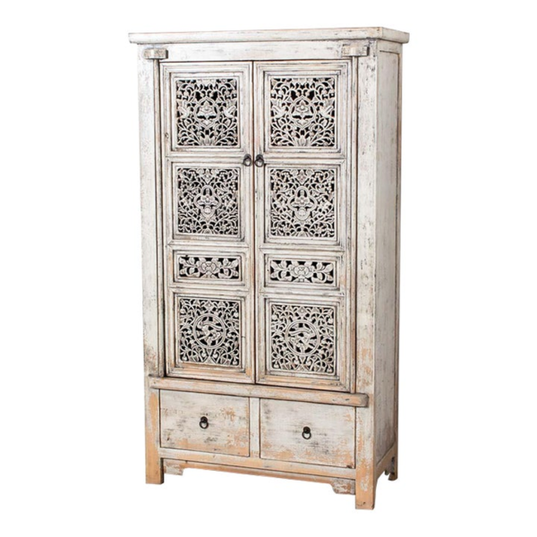 Elegant white wood armoire with carved details