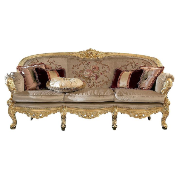 Luxurious classic carved sofa with beige upholstery and gold accents