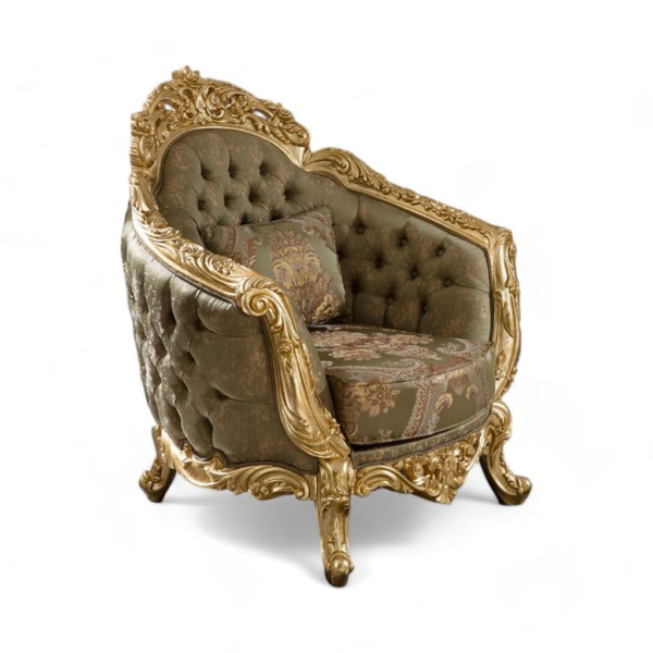 Classic Carved Sofa with Green and Gold Upholstery