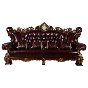 Classic Brown Leather Sofa with Gold Carvings