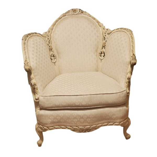 Classic cream linen sofa with carved wood frame