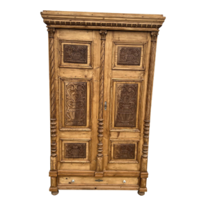 Classic Brown Wooden Armoire with Intricate Carvings