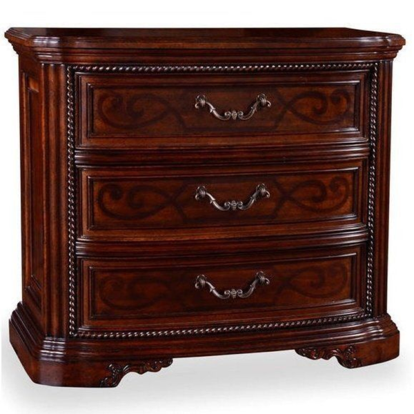 Classic Dark Brown Carved Wooden Nightstand with Drawers