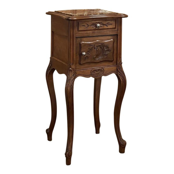Classic French Brown Wood Nightstand with Marble Top